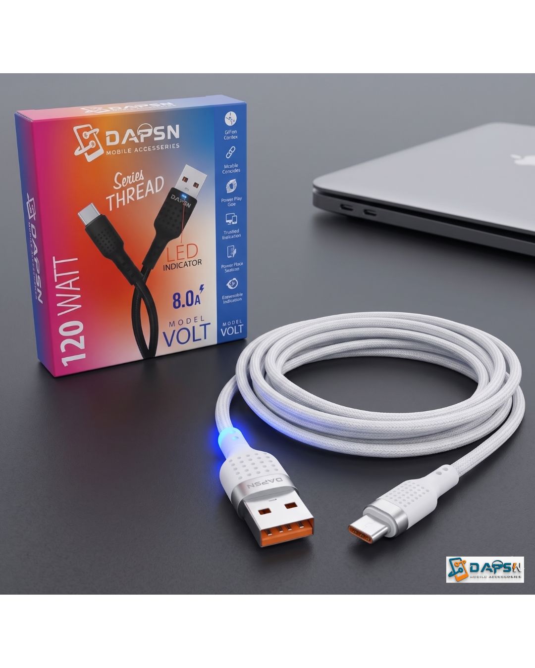 DAPSN Thread Series VOLT 120W USB-A to Micro USB Fast Charging Cable with LED Indicator | 8A | Data Sync | White | 1 Meter