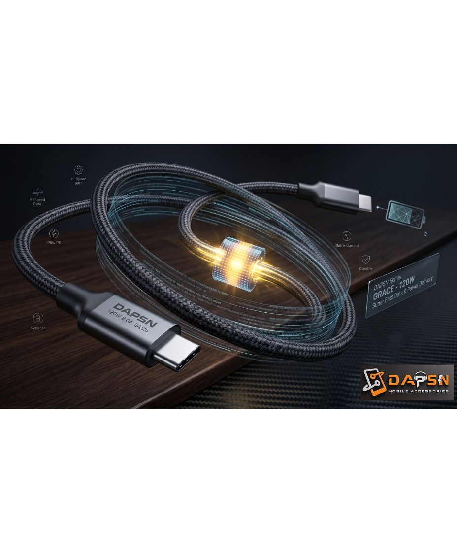 DAPSN Grace Series 120W USB-C to USB-C Fast Charging Cable | 8A Super Fast Charging | Nylon Braided | High-Speed Data Transfer